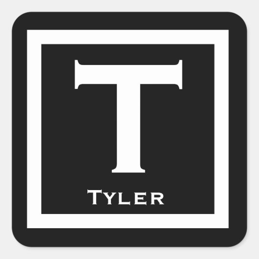 ブラックイニシャルネームキッズボーイパーティー新学期 スクエアシール (正面)