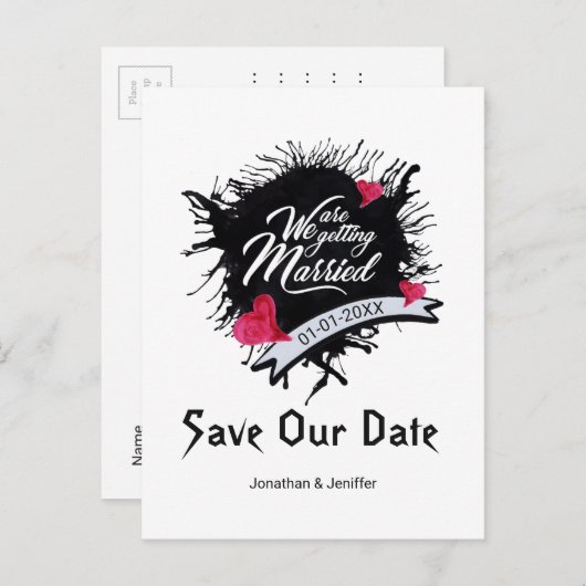 ブラックインクとピンクのローズゴシッ救クの日付 案内ポストカード (正面/裏面)