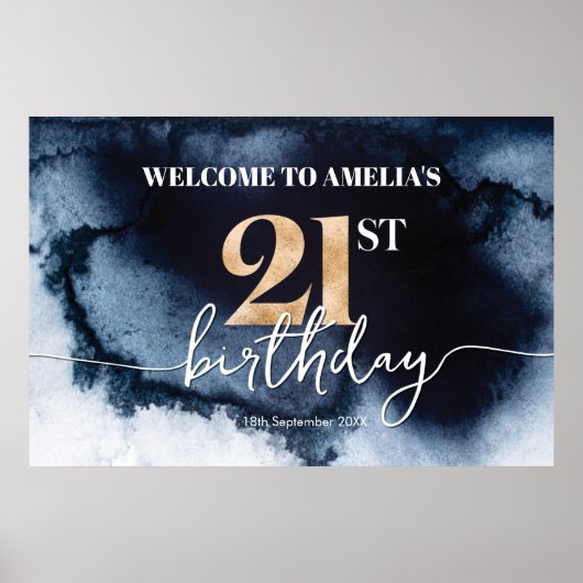 ブラックインクウォーターカラー21st誕生日ウェルカムバナー ポスター (正面)