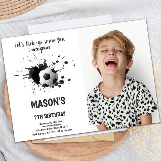 ブラックインクサッカー誕生日招待状(写真付) 招待状