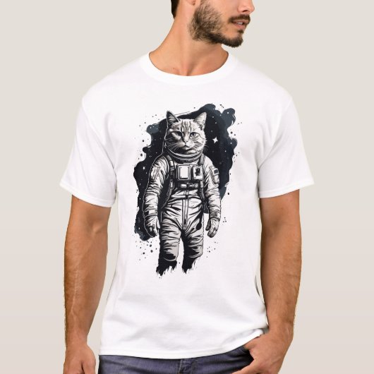 ブラックインク宇宙飛行士キャットデザイン Tシャツ (正面)