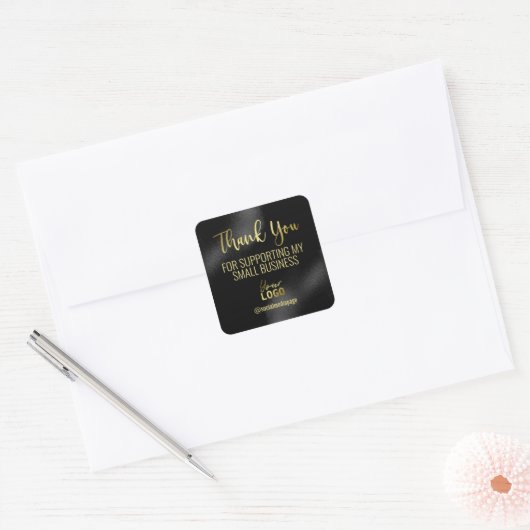 ブラックインク金ゴールド文字ありがとうスモールビジネスロゴ スクエアシール (封筒)