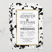 ブラックインク（ばちゃばちゃ）跳ねると金ゴールド結婚式招待状 招待状 (正面/裏面)