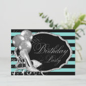 ブラックインスパイアティール(緑がかった色)ブルーバースデーパーティー 招待状 (スタンド正面)