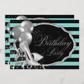 ブラックインスパイアティール(緑がかった色)ブルーバースデーパーティー 招待状 (正面/裏面)