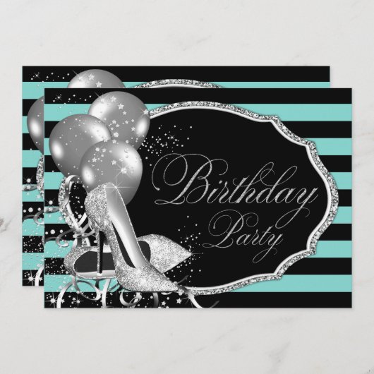 ブラックインスパイアティール(緑がかった色)ブルーバースデーパーティー 招待状 (正面/裏面)