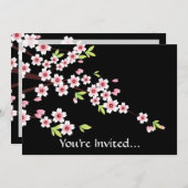 ブラックウィズピンクアンドグリーンさくらんぼブロッサム桜 招待状 (正面/裏面)