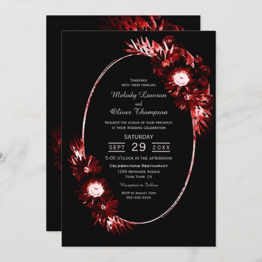 ブラックウィズブルゴーニュレッドフローラ結婚式招待状 招待状 (正面/裏面)