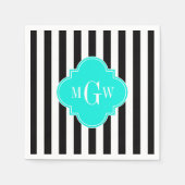 ブラックウィッストライプトブライトアクアクローバー3モノグラム スタンダードカクテルナプキン (正面)