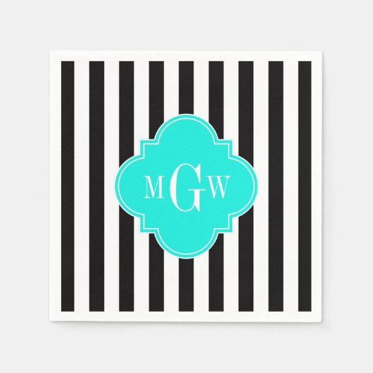 ブラックウィッストライプトブライトアクアクローバー3モノグラム スタンダードカクテルナプキン (正面)