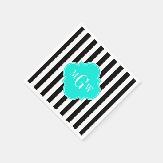 ブラックウィッストライプトブライトアクアクローバー3モノグラム スタンダードカクテルナプキン (角)