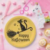 ブラックウィッチキャットオンブロムスティックハロウィン ペーパープレート (パーティー)