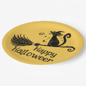 ブラックウィッチキャットオンブロムスティックハロウィン ペーパープレート (アングル)