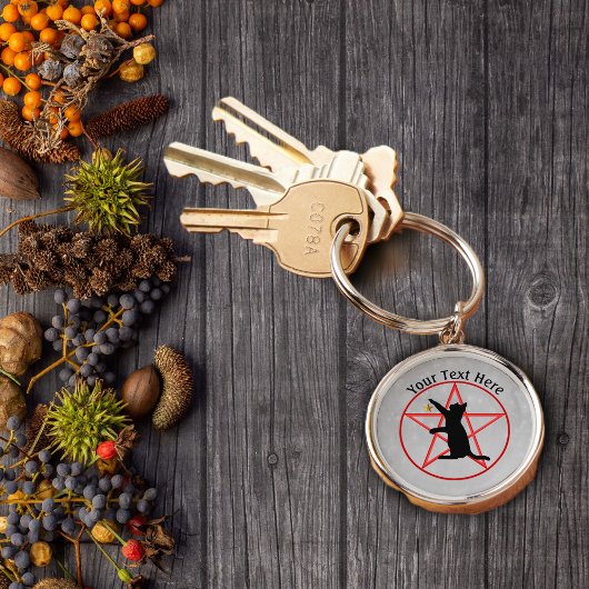 ブラックウィッチキャット金ゴールドスターレッドペンタグラムオングレー キーホルダー