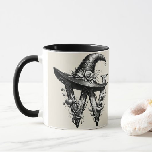 ブラックウィッチ帽子 ウィッチリー レターW カスタムイニシャル マグカップ (ドーナツ)