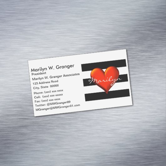 ブラックウィットホリストライプーズ赤金属ハートモノグラム マグネット名刺 (インサイチュ)