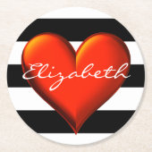 ブラックウィットホリストライプーズ赤金属ハートモノグラム ラウンドペーパーコースター (正面)