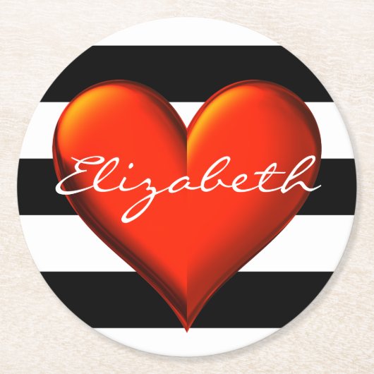 ブラックウィットホリストライプーズ赤金属ハートモノグラム ラウンドペーパーコースター (正面)