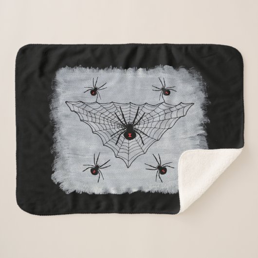 ブラックウィドウクモ赤い砂時計のくもの巣オン白 シェルパブランケット (正面(横))
