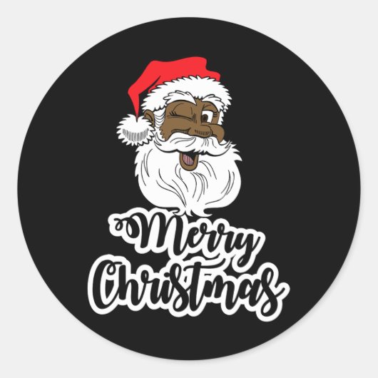 ブラックウィンキングサンタメリークリスマスアフリカンアメリカ ラウンドシール (正面)