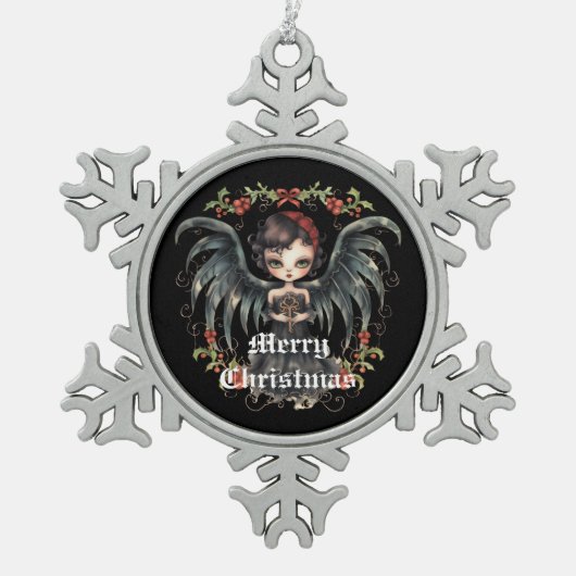 ブラックウィングスクリスマスエンジェル スノーフレークピューターオーナメント (正面)