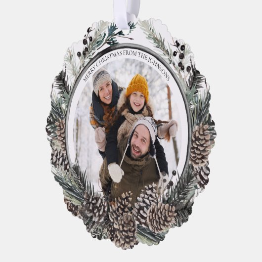 ブラックウィンターパインメリークリスマスフォトリース オーナメントカード (左)