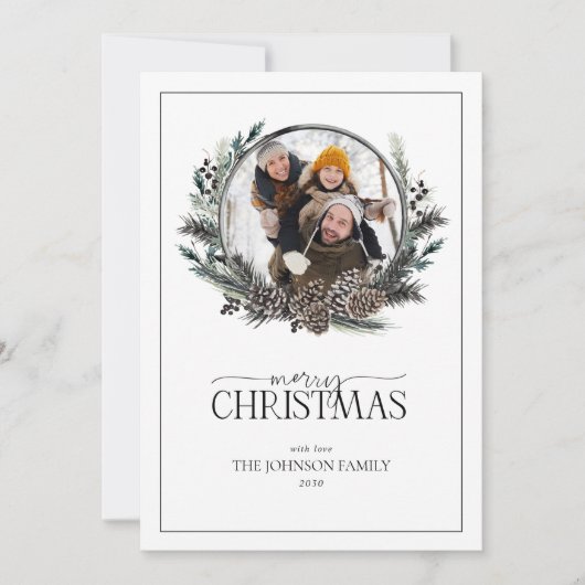 ブラックウィンターベリーリースメリークリスマスフォトホー シーズンカード (正面)