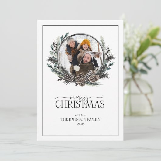 ブラックウィンターベリーリースメリークリスマスフォトホー シーズンカード (スタンド正面)