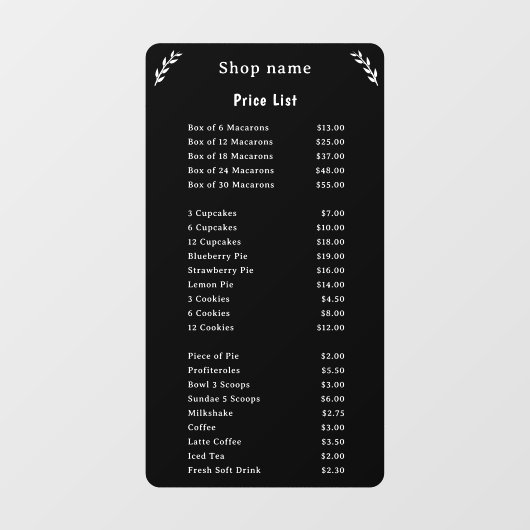 ブラックウィンドウ固定の価格表 ウィンドウサイン (シート)