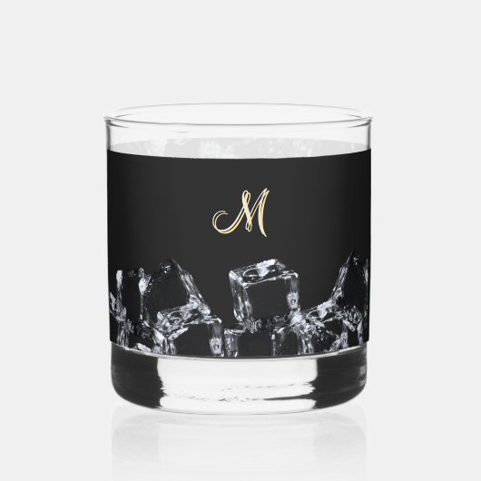 ブラックウイスキーガラスモノグラムきらめくアイキューブ ウイスキーグラス (正面)