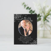 ブラックウェディングのシルバーフリル日付写真を保存 案内ポストカード (スタンド正面)