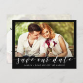 ブラックウェディングのフォトホワイトスクリプト日付を保存 案内ポストカード (正面/裏面)