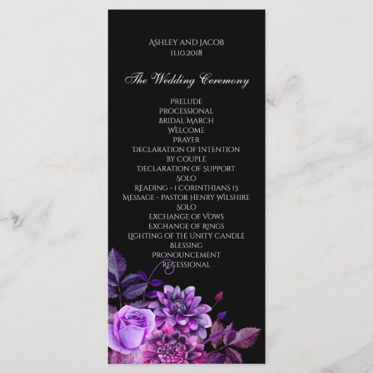 ブラックウェディングプログラム。紫のフローラ式カード プログラム (正面)