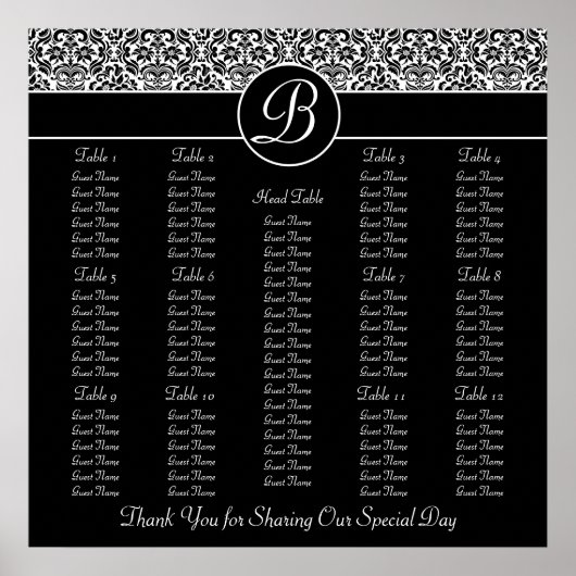 ブラックウェディングレセプションシーティングチャート – 四角 ポスター (正面)