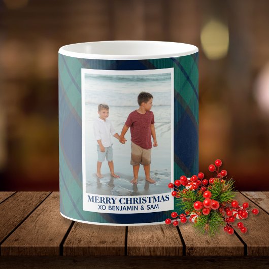 ブラックウォッチブルーグリーンプレイドカスタム写真と文字 コーヒーマグカップ