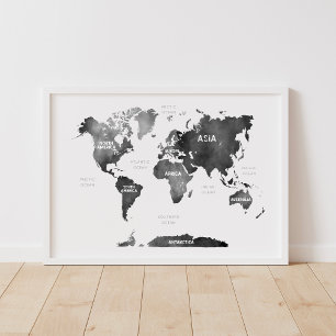 ブラックウォーターカラーの大陸と海洋の世界地図 ポスター