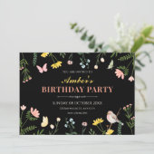ブラックウォーターカラーの花柄の春の誕生日 招待状 (スタンド正面)
