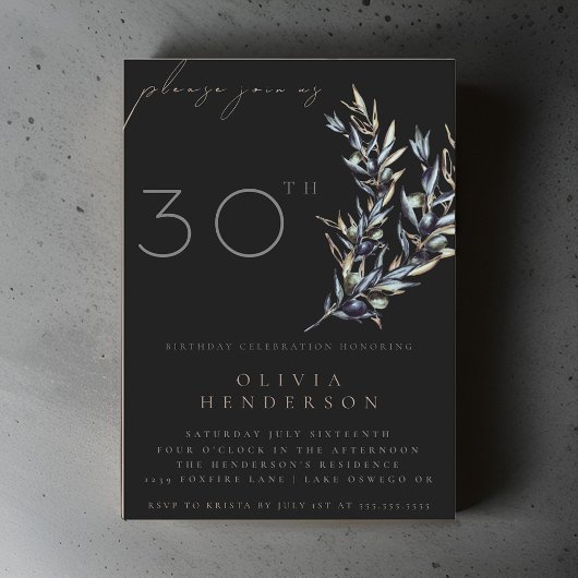 ブラックウォーターカラーオリーブブランチ誕生日招待状