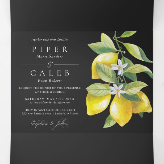 ブラックウォーターカラーシトラスレモン結婚ブロッサム 三つ折り招待状 (内部中)