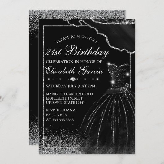 ブラックウォーターカラードレス&グラムエッジ21歳誕生日 招待状 (正面/裏面)