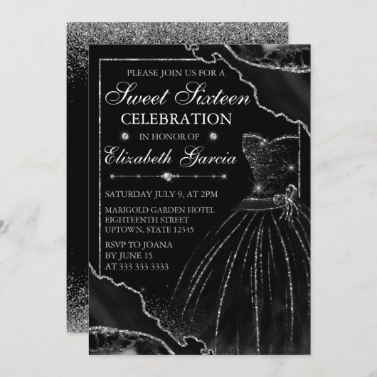 ブラックウォーターカラードレス&グリッターアゲートスイート16 招待状 (正面/裏面)