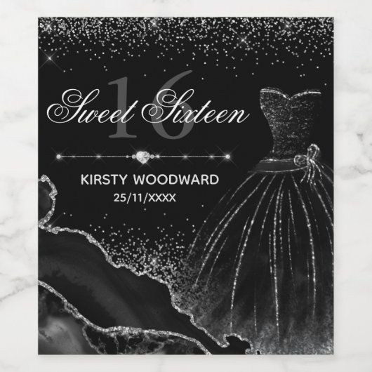 ブラックウォーターカラードレス&シルバーグリッタースウィート16 ワインラベル (シングルラベル)