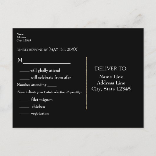 ブラックウォーターカラーバラエレガントなウェディングRSVP インビテーションポストカード (裏面)