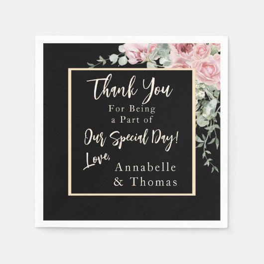 ブラックウォーターカラーピンク結婚フローラ スタンダードカクテルナプキン (正面)