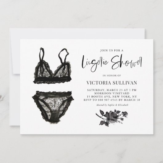 ブラックウォーターカラーレースランジェリーブライダルシャワー 招待状 (正面)