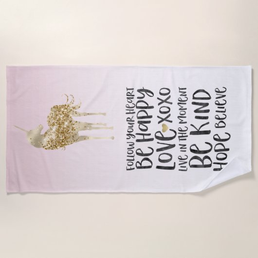 ブラックウォーターカラー感動的金ゴールドユニコーン ビーチタオル (正面)