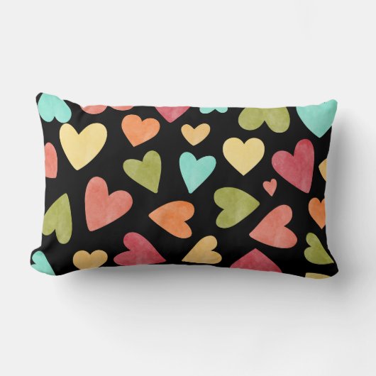 ブラックウォーターハートパターン、ピンク、ブルーグリーン ランバークッション (正面)