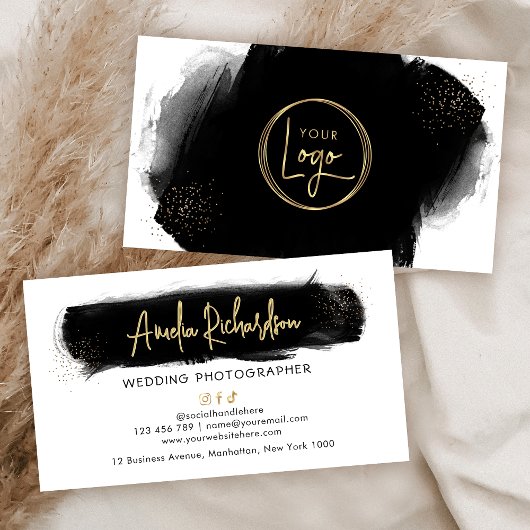 ブラックウォーター色と金ゴールドロゴエレガントサロンスパ 名刺