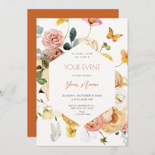 ブラックウォーター色のフローラ エレガント 招待状 (正面/裏面)