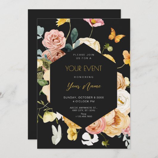 ブラックウォーター色のフローラ エレガント 招待状 (正面/裏面)